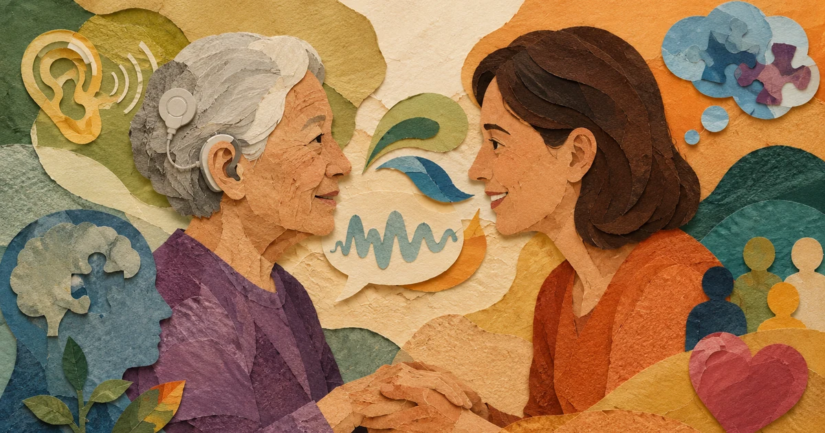 人工内耳を装用した高齢者が家族と会話している様子