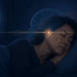 頭内爆発音症候群のイメージ。夜の寝室で眠る50代前後の女性と、頭の中の音の感覚を示す波形。
