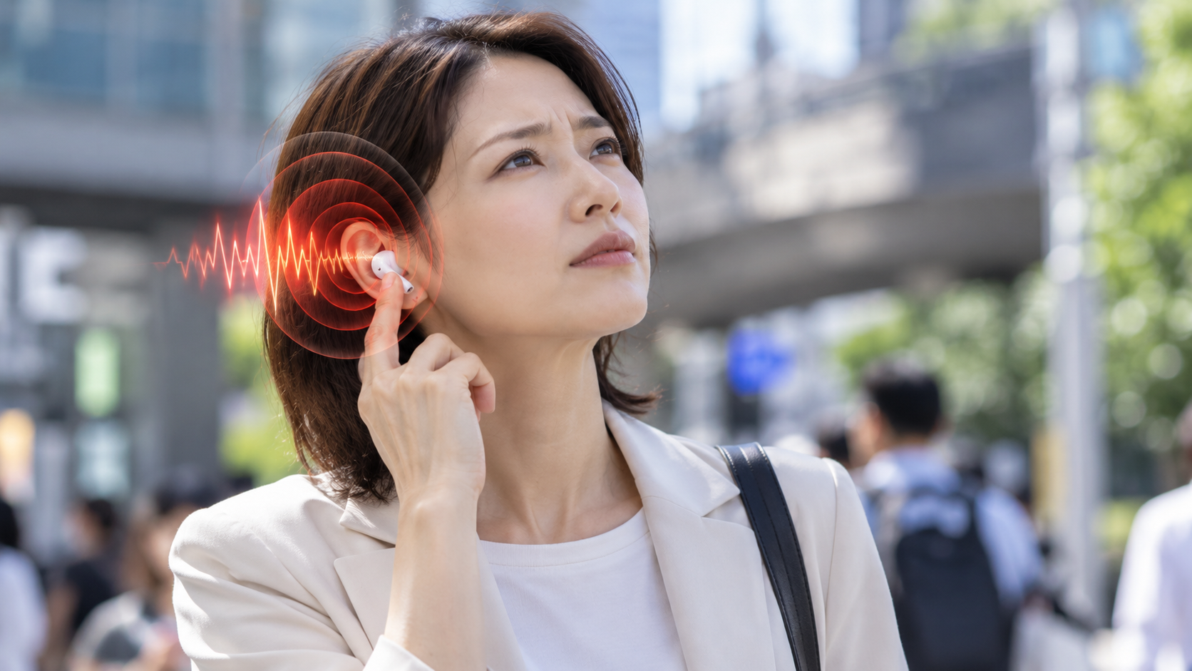 街中でイヤホンに触れる女性と、耳の周りに赤い音波を重ねたイメージ画像