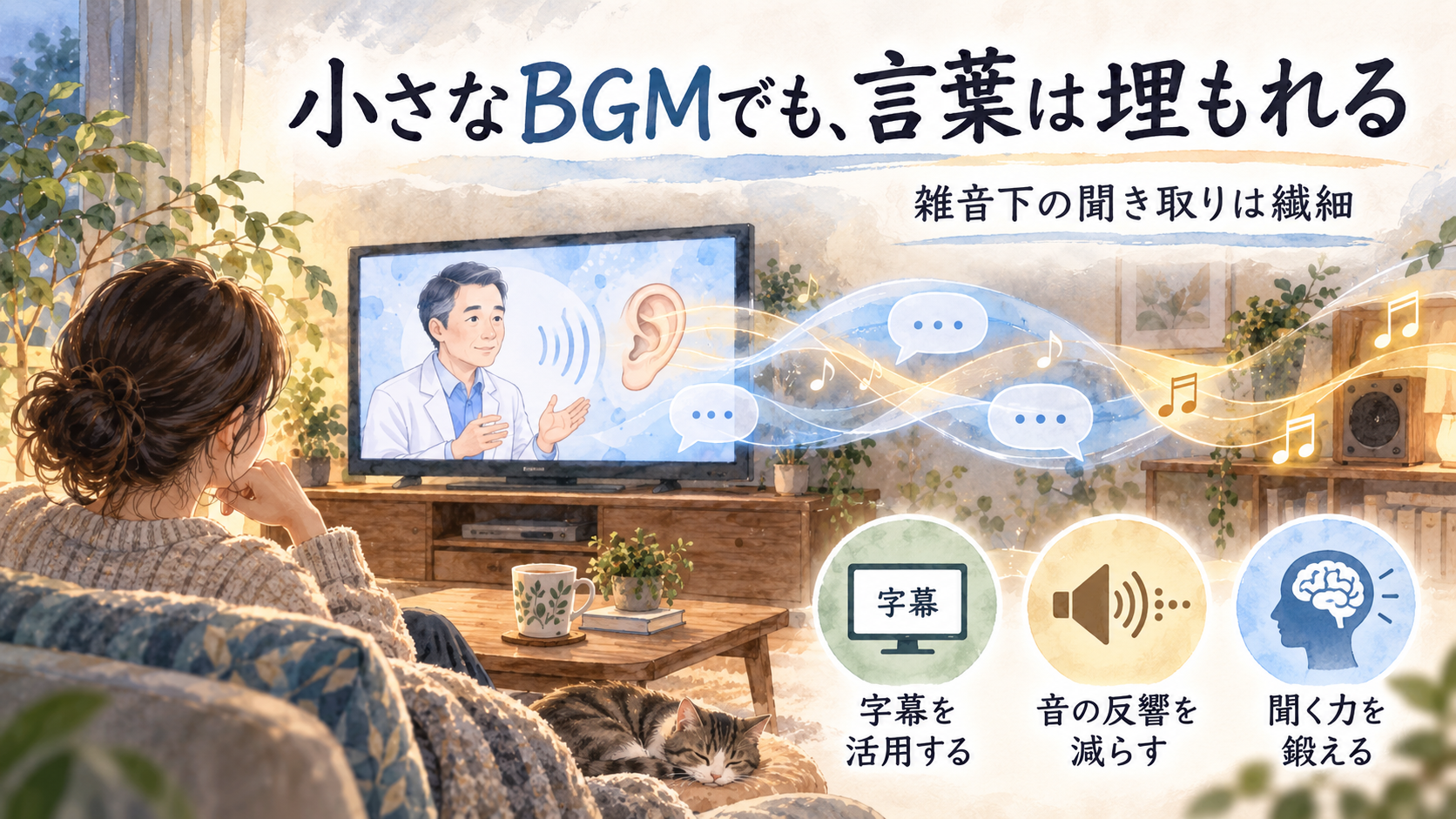 テレビの聞き取りにくさとBGM、字幕・反響対策・聞く力のトレーニングを示すイラスト